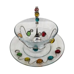 Glass Dessert Bowl Plate and Spoon Set With Wire Wrapped Multicolor Glass Beads